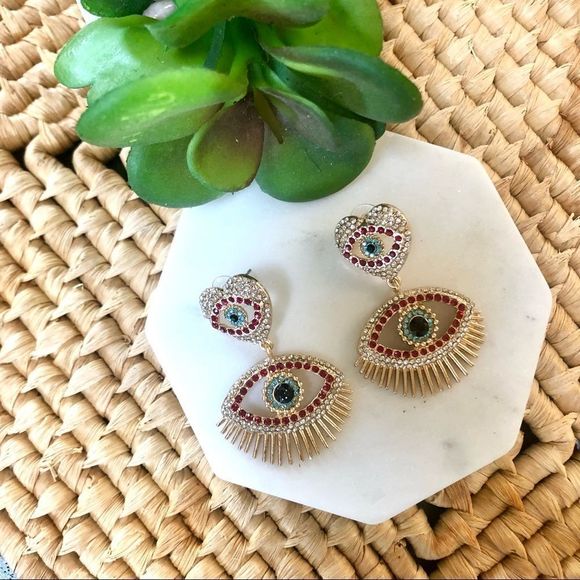 NEW! Bling Evil Eye and Heart Statement Earrings - Picture 7 of 12